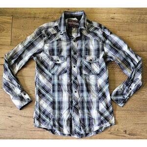 Rock & Roll Cowboy Shirt Mens Medium Black Plaid Black Pearl Snap Western Rodeo